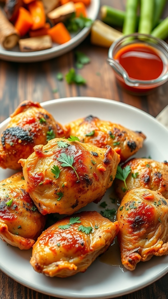 Baked chicken thighs on a plate, garnished with parsley, served with roasted vegetables.